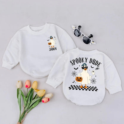 Spooky Dude Goose Romper: Retro Ghost Costume for Baby, Halloween Outfit, Jack-o-Lantern Bodysuit, Fall Newborn Clothes Gift, Checkered Spooky Dude