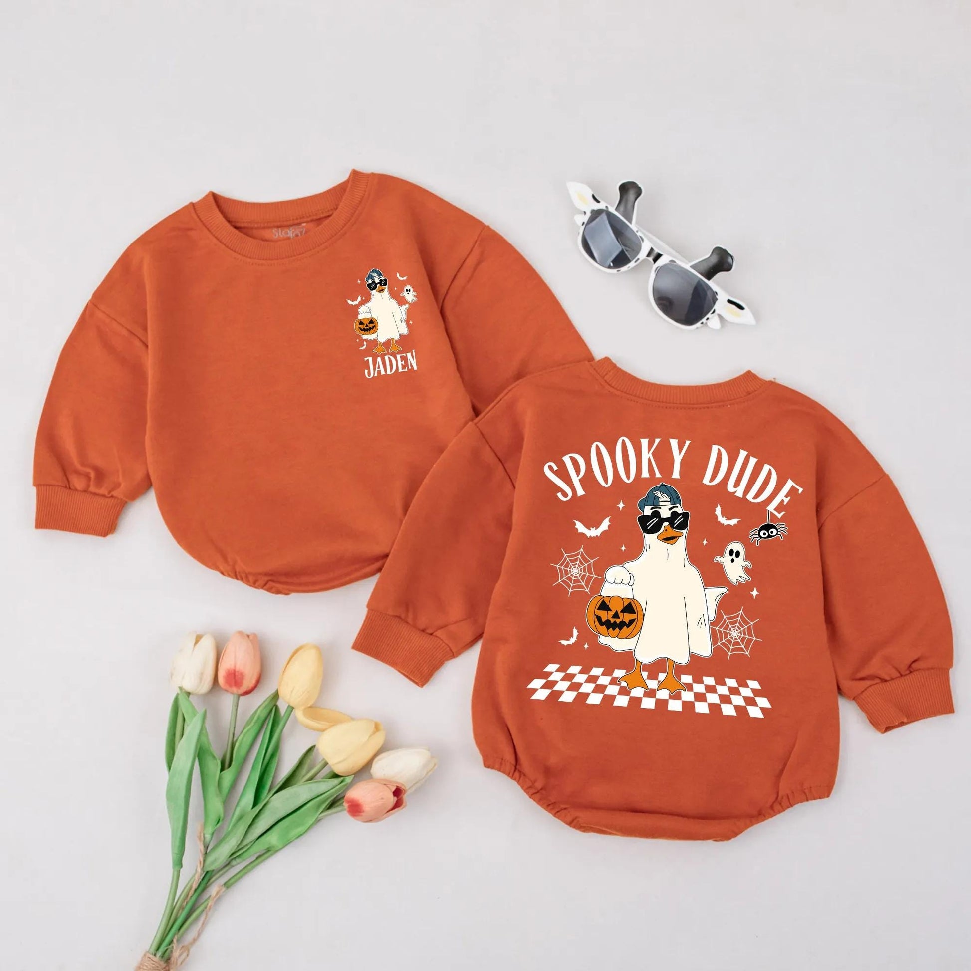 Spooky Dude Goose Romper: Retro Ghost Costume for Baby, Halloween Outfit, Jack-o-Lantern Bodysuit, Fall Newborn Clothes Gift, Checkered Spooky Dude