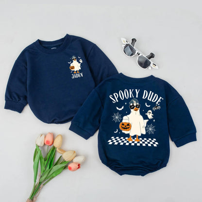 Spooky Dude Goose Romper: Retro Ghost Costume for Baby, Halloween Outfit, Jack-o-Lantern Bodysuit, Fall Newborn Clothes Gift, Checkered Spooky Dude