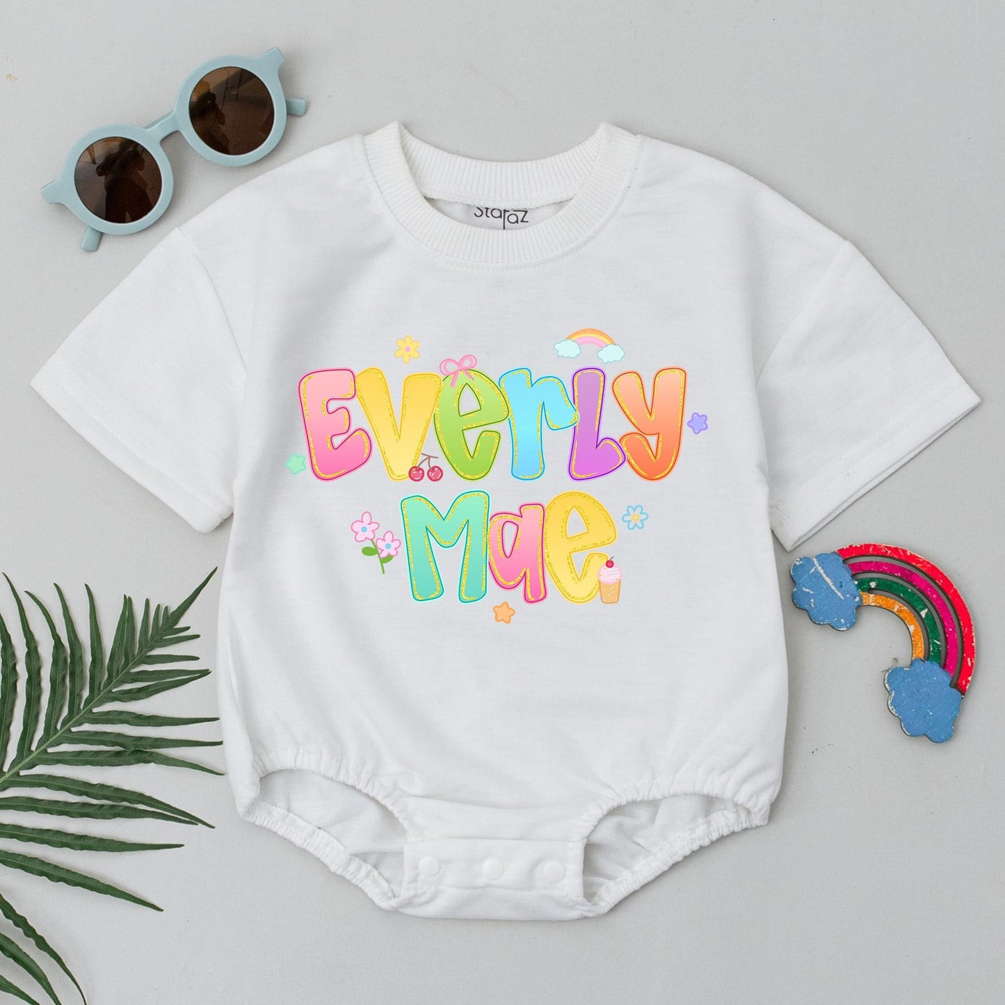 Everly Mae Personalized Baby Bubble Romper Pastel Rainbow Flowers First Birthday Girl Gift Custom Name Outfit Baby Shower