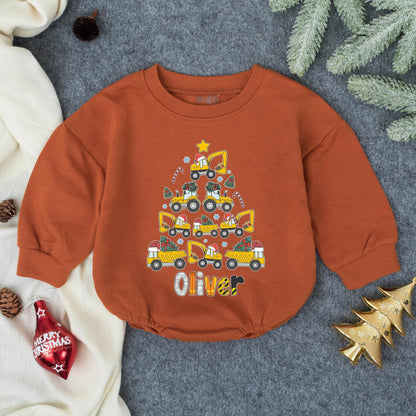 Personalized Excavator Boy Bubble Romper Christmas Baby Boy Outfit, Winter Clothes Baby Shower Gift, Custom Holiday Bodysuit