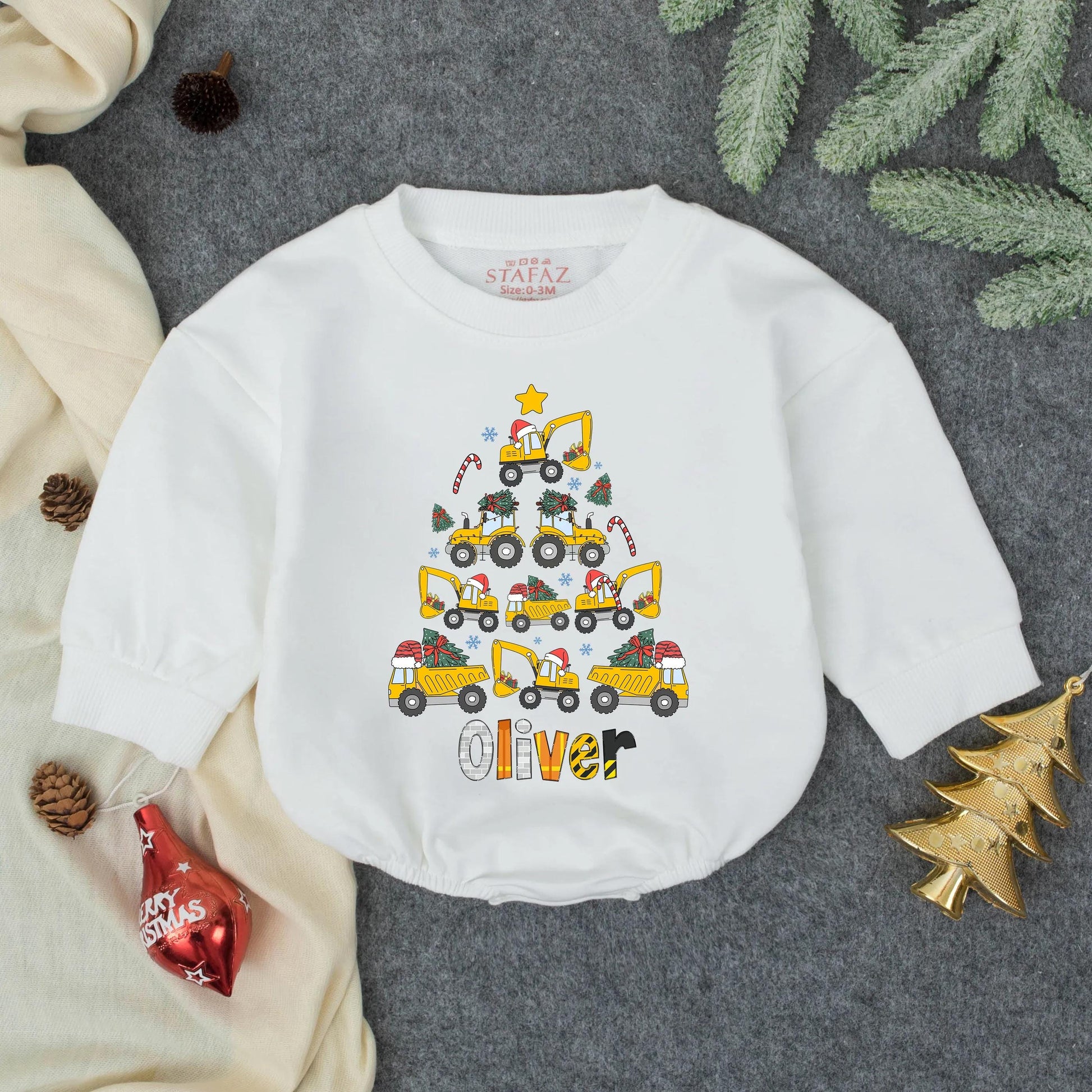 Personalized Excavator Boy Bubble Romper Christmas Baby Boy Outfit, Winter Clothes Baby Shower Gift, Custom Holiday Bodysuit