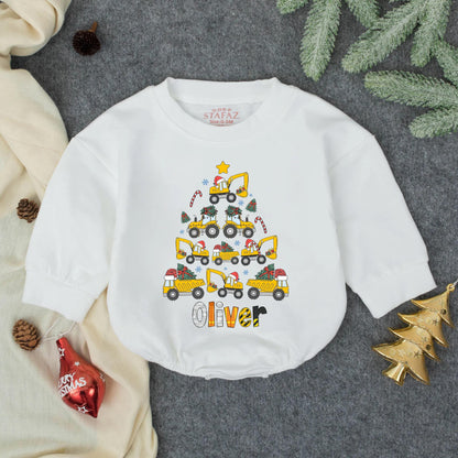Personalized Excavator Boy Bubble Romper Christmas Baby Boy Outfit, Winter Clothes Baby Shower Gift, Custom Holiday Bodysuit