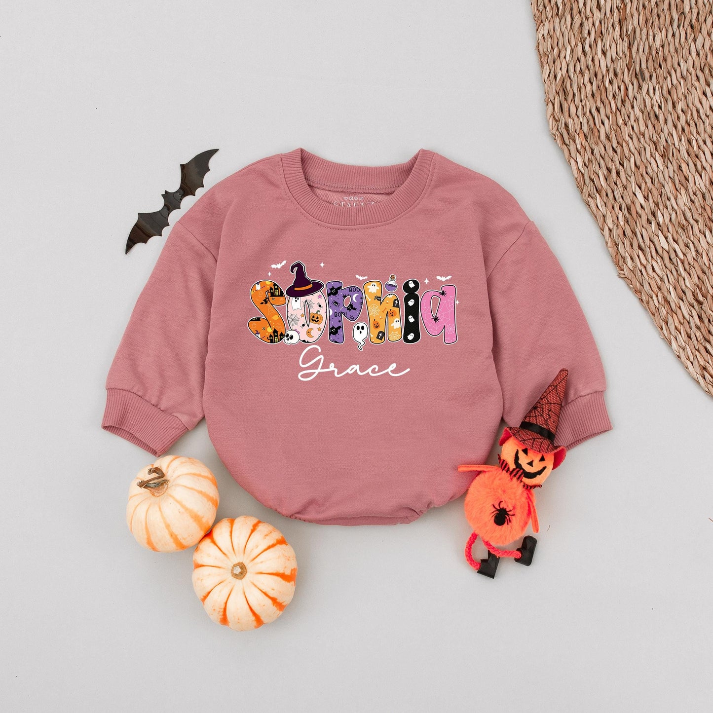 Personalized Sophia & Grace Halloween Baby Romper, Spooky Season First Halloween Outfit, Custom Fall Baby Tee, Bat & Star Design