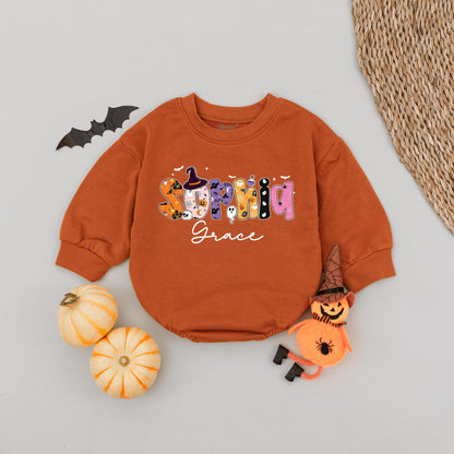 Personalized Sophia & Grace Halloween Baby Romper, Spooky Season First Halloween Outfit, Custom Fall Baby Tee, Bat & Star Design