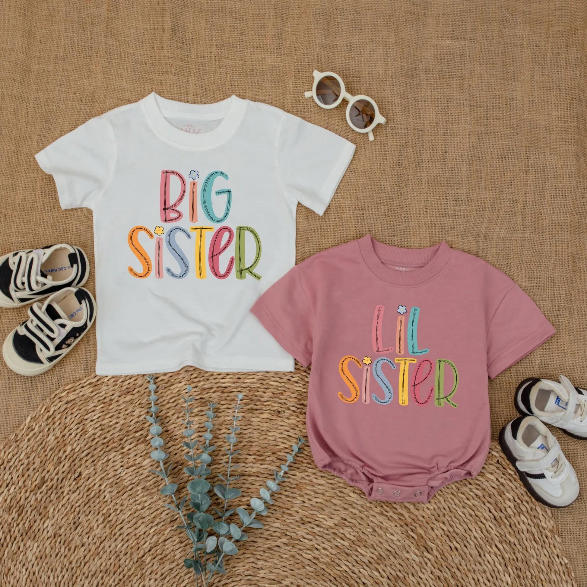 Big Sister Lil Sister Matching Colorful Floral Shirts for Baby Girls and Toddlers Sibling Gift Outfit