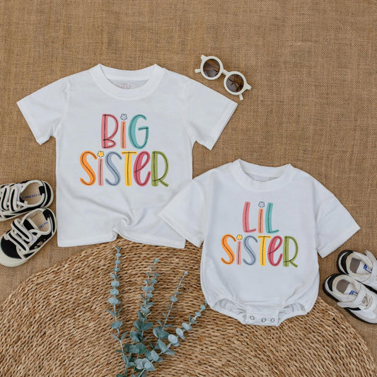 Big Sister Lil Sister Matching Colorful Floral Shirts for Baby Girls and Toddlers Sibling Gift Outfit