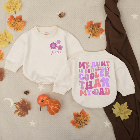 Personalized My Aunt Is Cooler Than My Dad Baby Girl Bubble Romper Funny Retro Pink Purple Floral Design Infant Auntie Gift Outfit Soft Comfortable