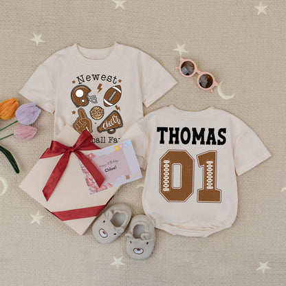 Custom Football Fan Baby Romper Newest Team Game Day Outfit Brown & Black Name 01 First Birthday Gift