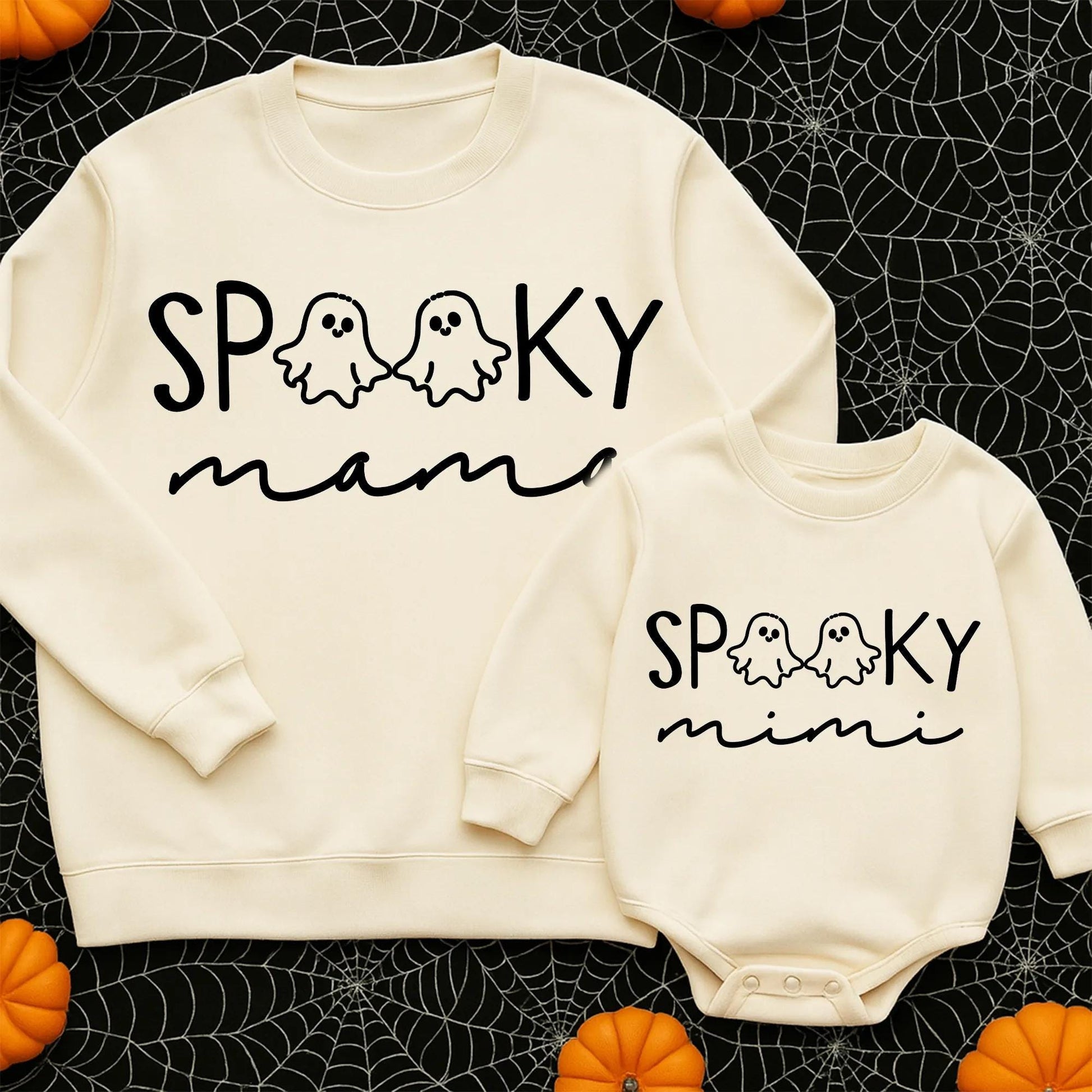 Spooky Mama & Mini Halloween Matching Sweatshirt and Romper Cute Ghost Cartoon Design Family Outfit White and Black Accents