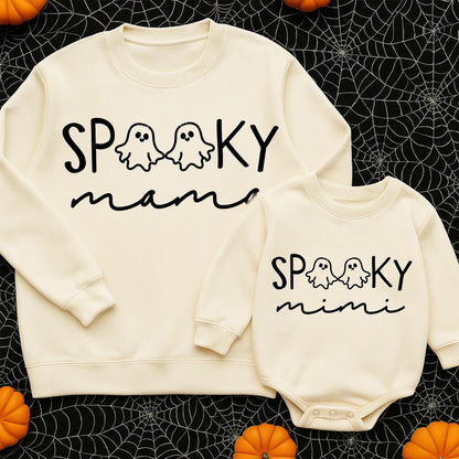 Spooky Mama & Mini Halloween Matching Sweatshirt and Romper Cute Ghost Cartoon Design Family Outfit White and Black Accents