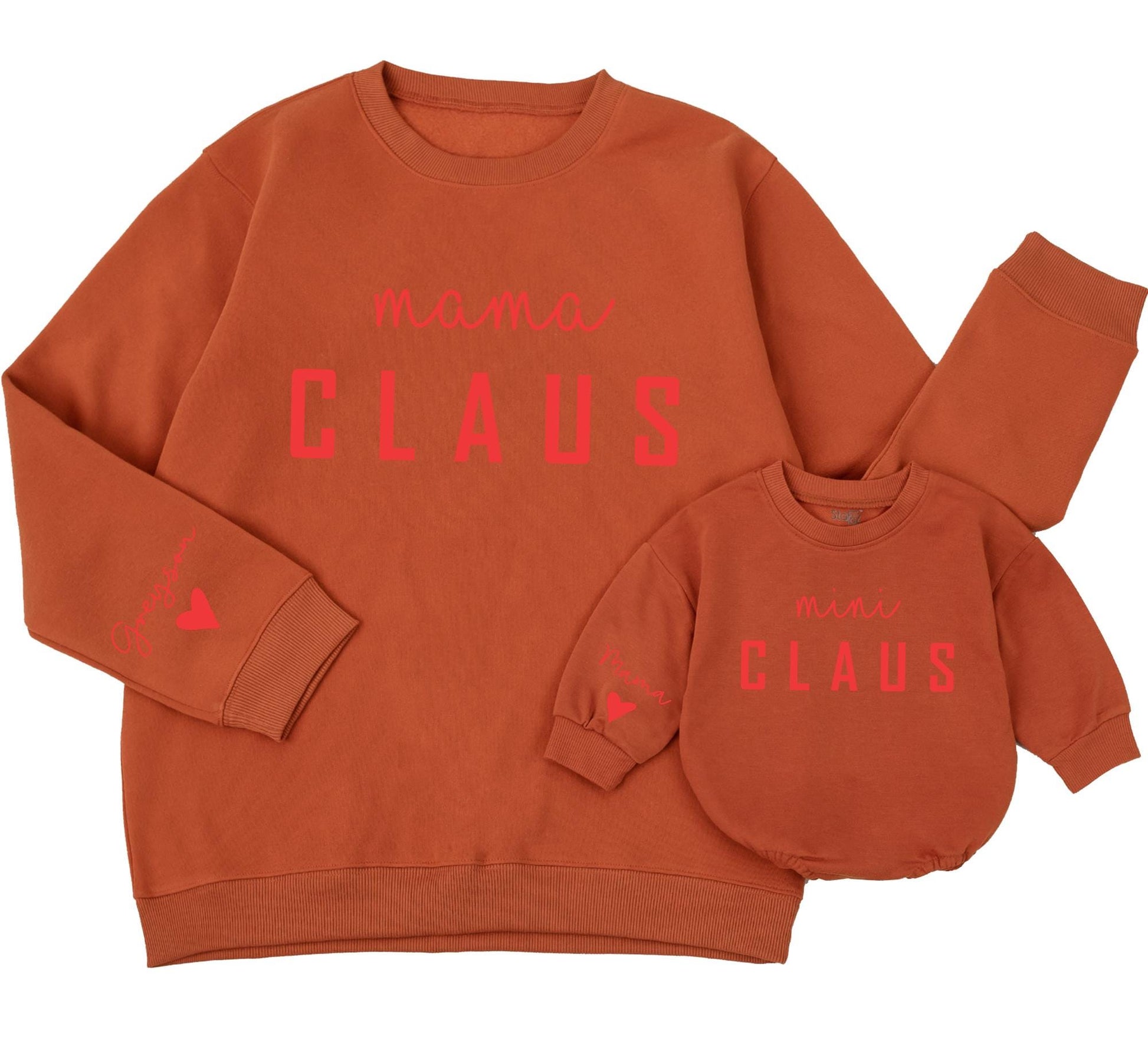 Mama Claus & Mini Claus Matching Christmas Sweaters Personalized Red Cursive Name "Greyson" Family Holiday Outfit Mother Daughter Baby Gift Cozy Winter Style
