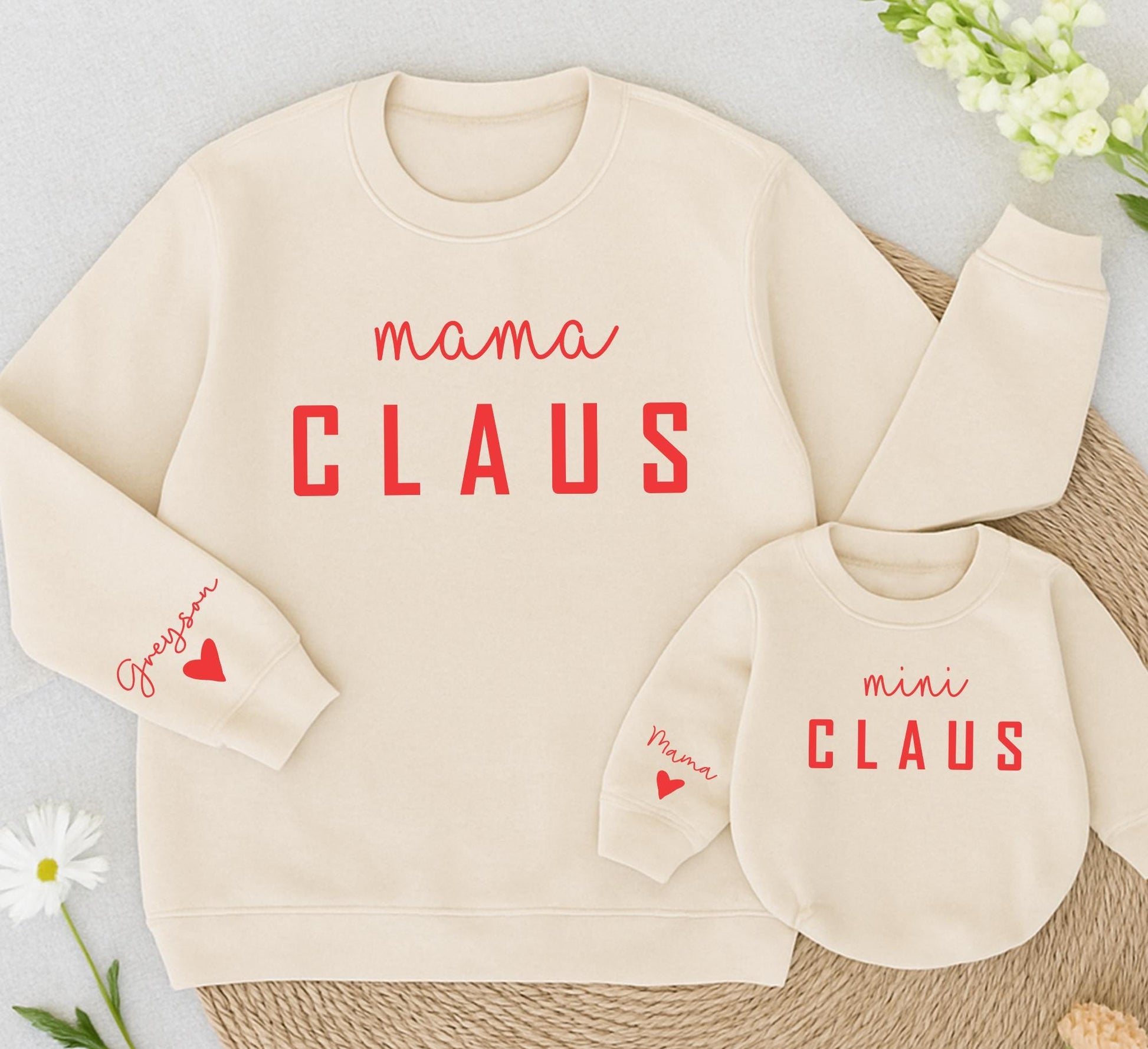 Mama Claus & Mini Claus Matching Christmas Sweaters Personalized Red Cursive Name "Greyson" Family Holiday Outfit Mother Daughter Baby Gift Cozy Winter Style
