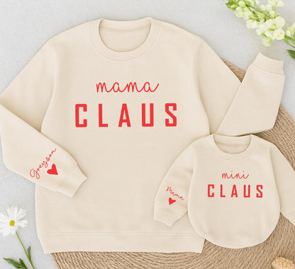 Mama Claus & Mini Claus Matching Christmas Sweaters Personalized Red Cursive Name "Greyson" Family Holiday Outfit Mother Daughter Baby Gift Cozy Winter Style