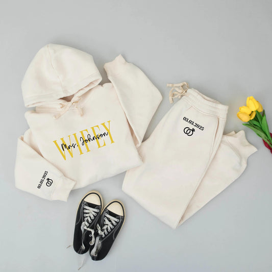 Personalized Wifey Hoodie Set Custom Name & Date Bridal Sweatshirt with Gold WIFEY Text New Bride Engagement Wedding Gift