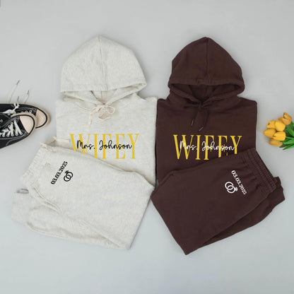 Personalized Wifey Hoodie Set Custom Name & Date Bridal Sweatshirt with Gold WIFEY Text New Bride Engagement Wedding Gift