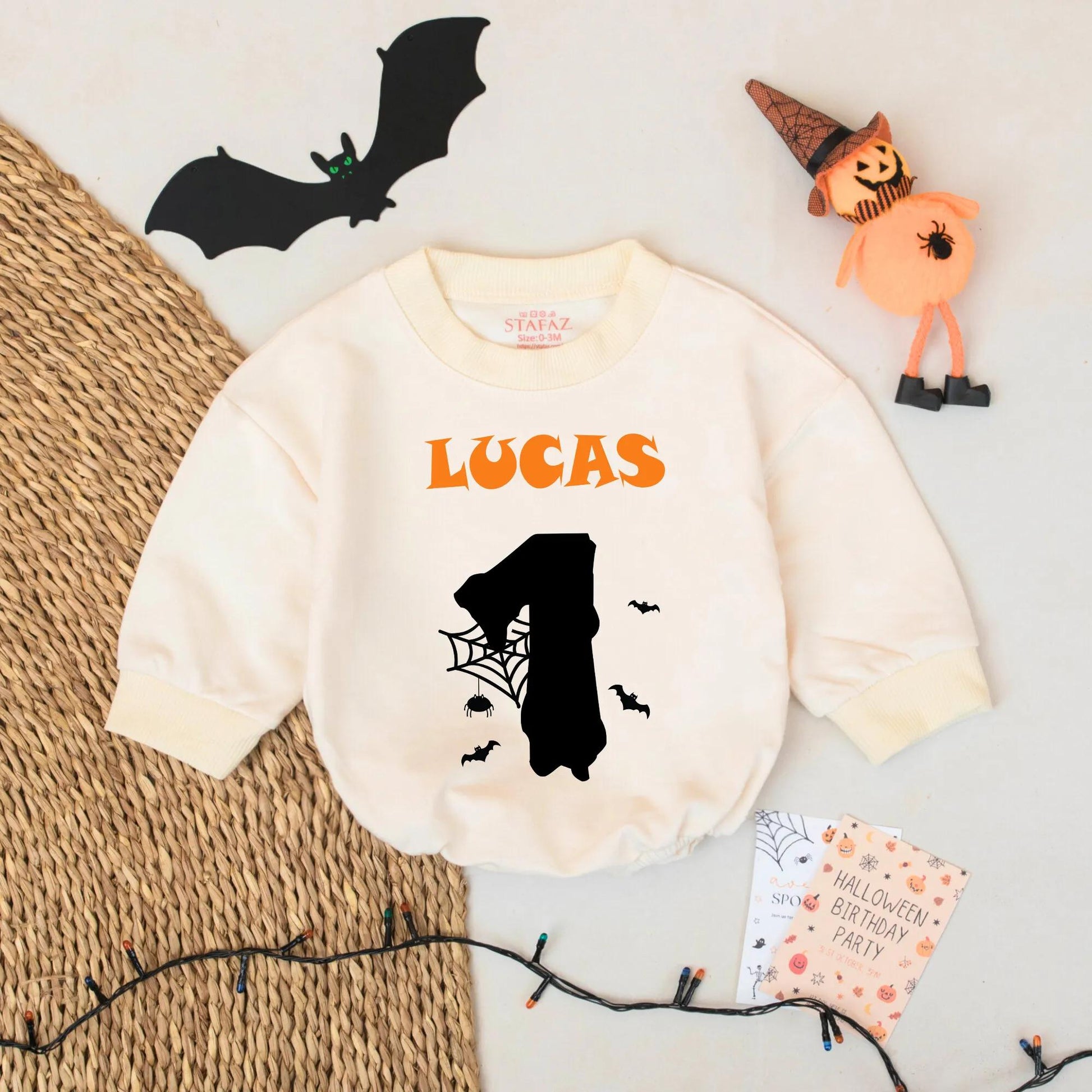 Personalized Spooky One Halloween Family Matching Sweatshirts Baby Boy First Birthday Outfit Orange Pumpkin Bats Spider Web Design