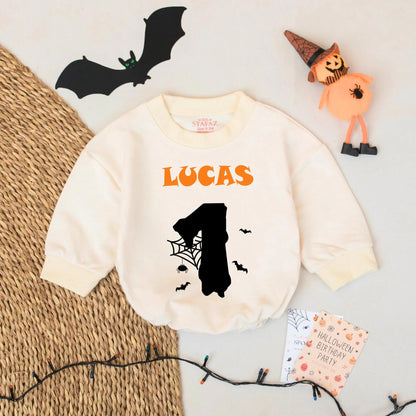 Personalized Spooky One Halloween Family Matching Sweatshirts Baby Boy First Birthday Outfit Orange Pumpkin Bats Spider Web Design
