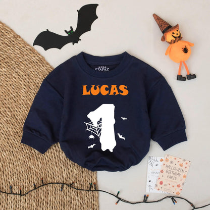 Personalized Spooky One Halloween Family Matching Sweatshirts Baby Boy First Birthday Outfit Orange Pumpkin Bats Spider Web Design