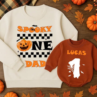 Personalized Spooky One Halloween Family Matching Sweatshirts Baby Boy First Birthday Outfit Orange Pumpkin Bats Spider Web Design
