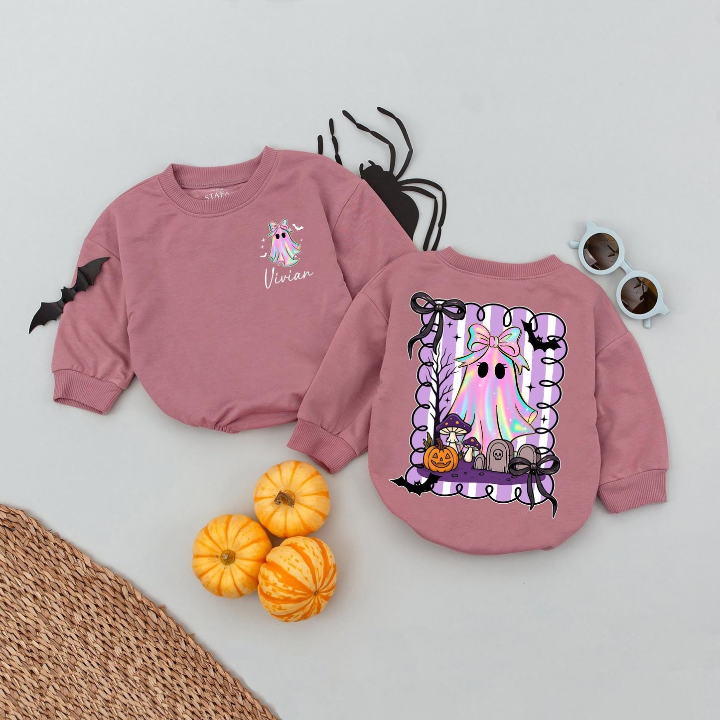 Custom Name Halloween Baby Girl Romper First 1st Spooky Season Bodysuit Cute Rainbow Ghost Outfit with Bats and Jack-o-Lanterns