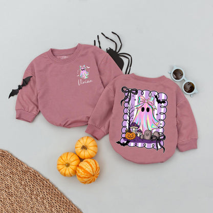 Custom Name Halloween Baby Girl Romper First 1st Spooky Season Bodysuit Cute Rainbow Ghost Outfit with Bats and Jack-o-Lanterns