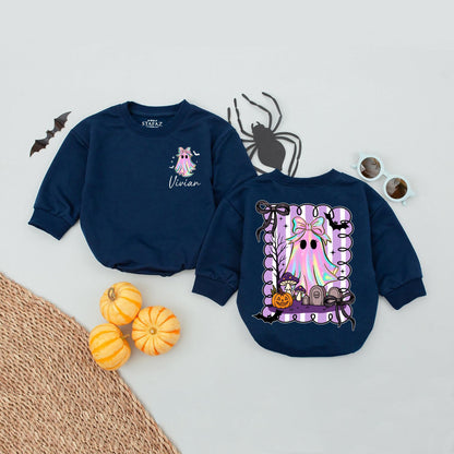 Custom Name Halloween Baby Girl Romper First 1st Spooky Season Bodysuit Cute Rainbow Ghost Outfit with Bats and Jack-o-Lanterns