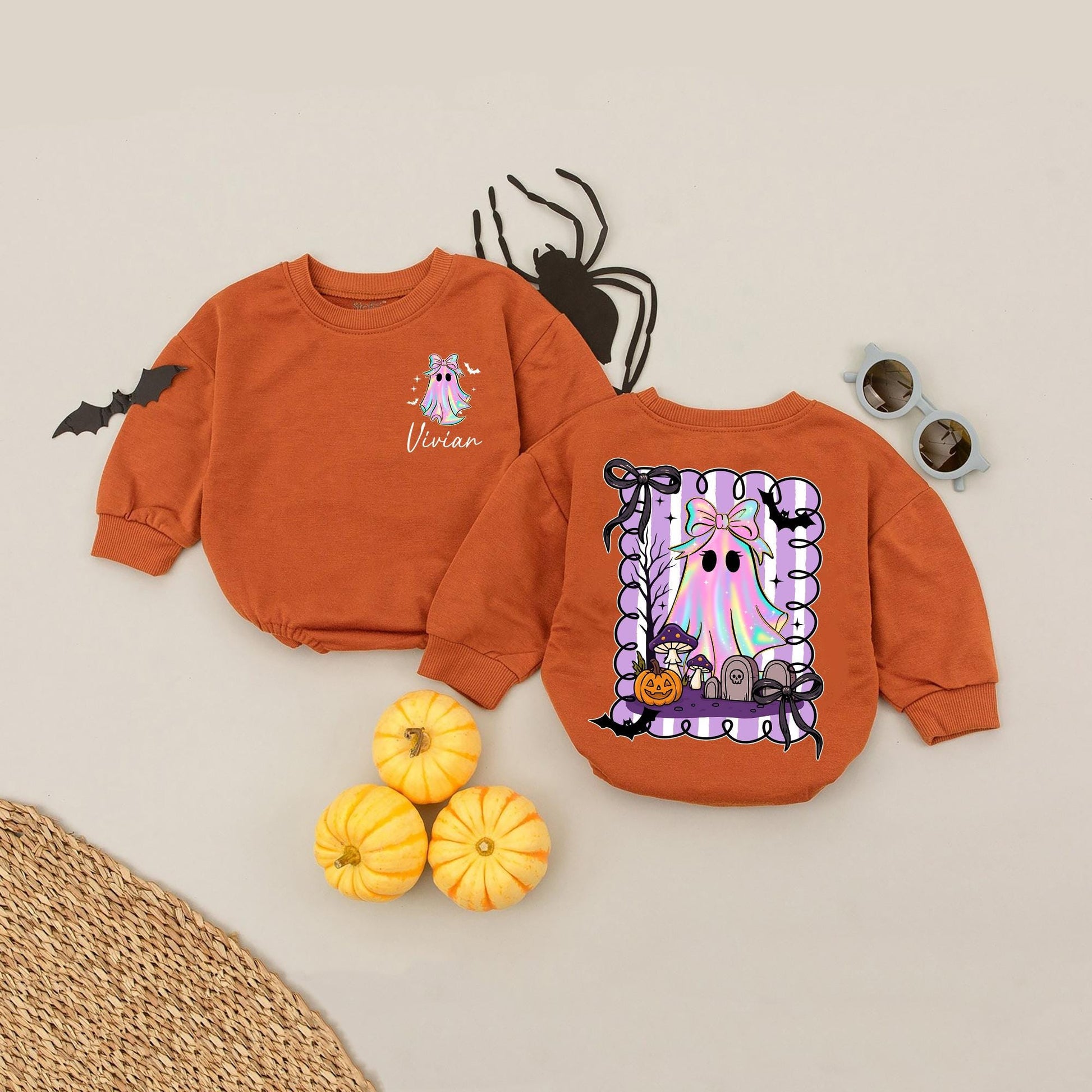 Custom Name Halloween Baby Girl Romper First 1st Spooky Season Bodysuit Cute Rainbow Ghost Outfit with Bats and Jack-o-Lanterns