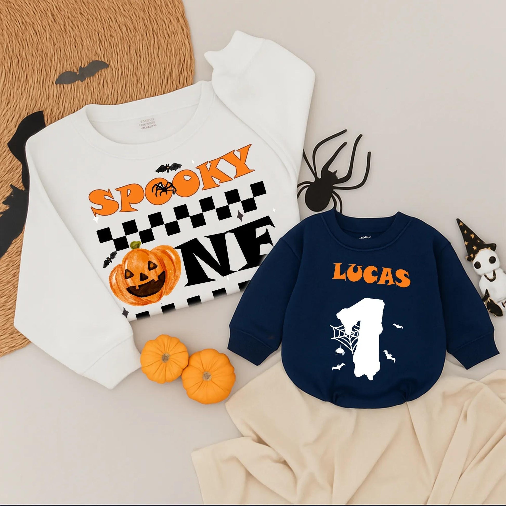 Personalized Spooky One Halloween Family Matching Sweatshirts Baby Boy First Birthday Outfit Orange Pumpkin Bats Spider Web Design