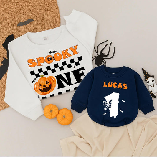 Personalized Spooky One Halloween Family Matching Sweatshirts Baby Boy First Birthday Outfit Orange Pumpkin Bats Spider Web Design