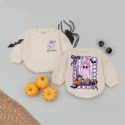 Custom Name Halloween Baby Girl Romper First 1st Spooky Season Bodysuit Cute Rainbow Ghost Outfit with Bats and Jack-o-Lanterns