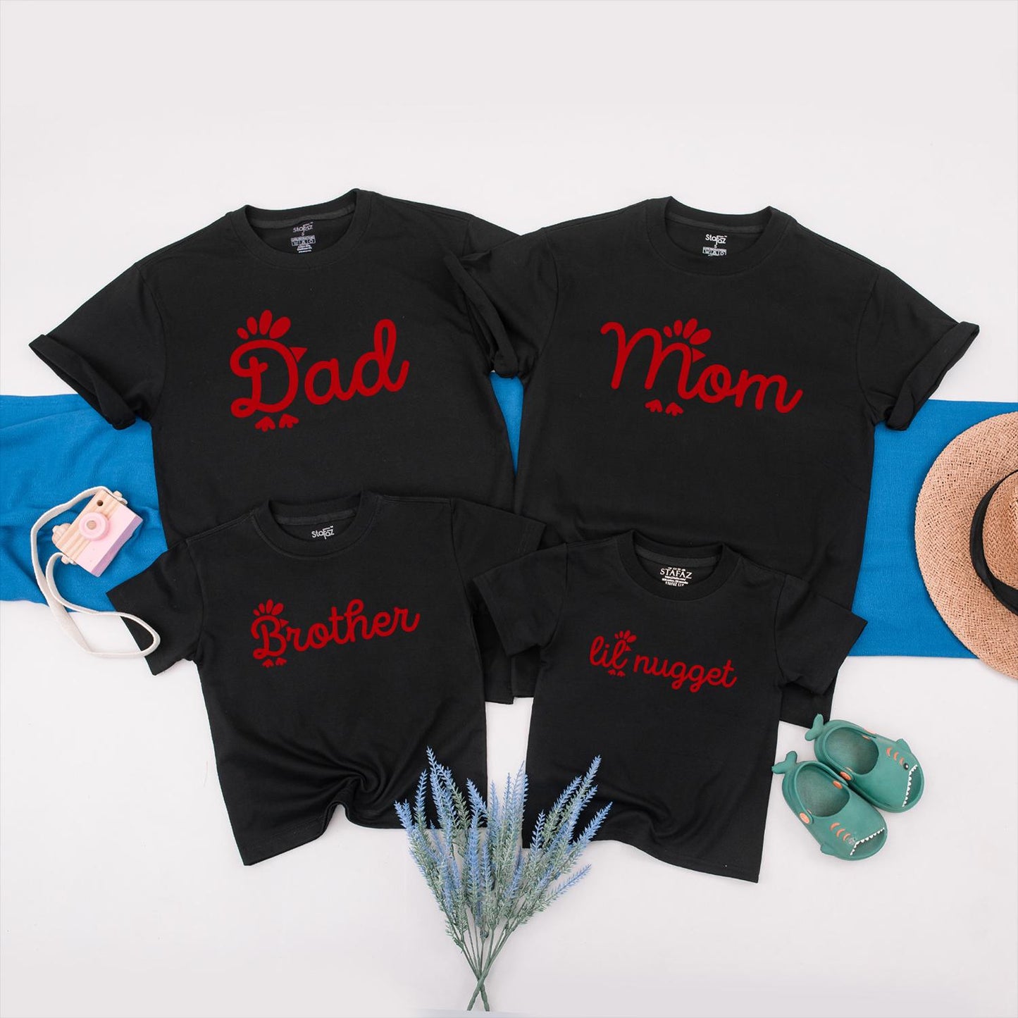Whimsical Chicken Nugget Family Matching Shirts Red Graphics "Dad Mom Sister Lil Nugget" Playful Birthday Outfit