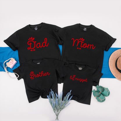 Whimsical Chicken Nugget Family Matching Shirts Red Graphics "Dad Mom Sister Lil Nugget" Playful Birthday Outfit