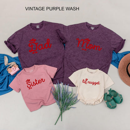 Whimsical Chicken Nugget Family Matching Shirts Red Graphics "Dad Mom Sister Lil Nugget" Playful Birthday Outfit