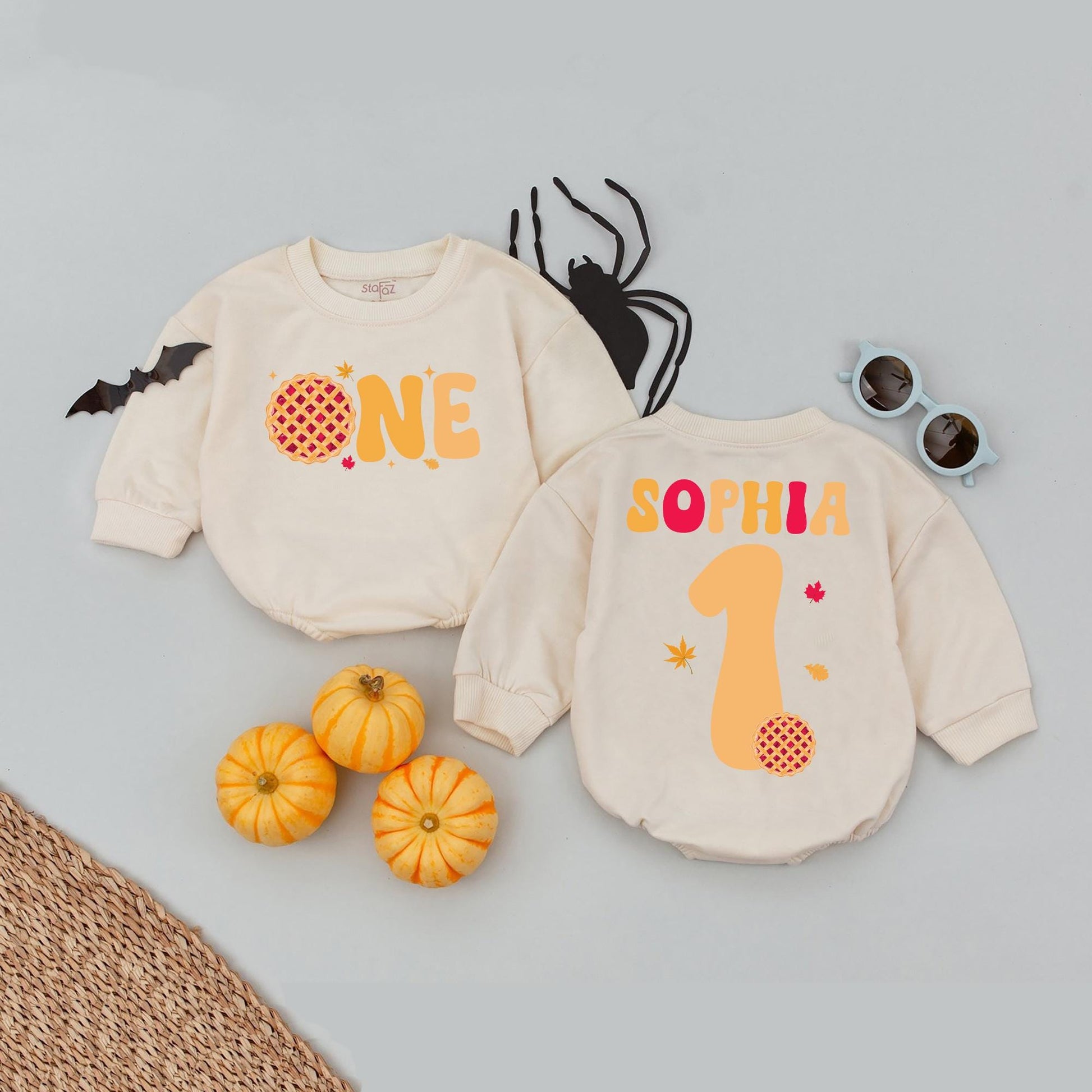 Sophia's Custom "ONE" Cutie Pie Birthday Romper Baby Girl Thanksgiving Outfit