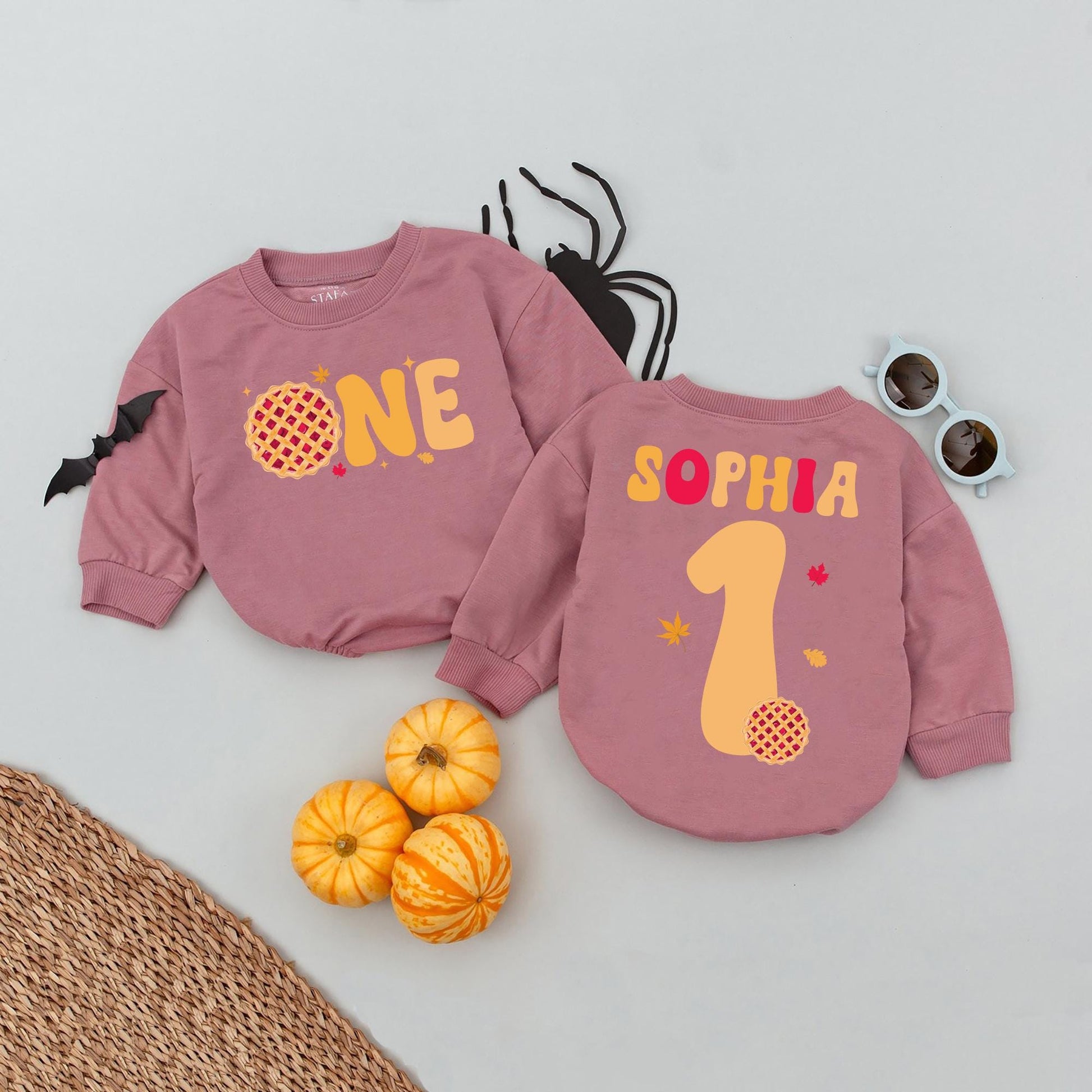 Sophia's Custom "ONE" Cutie Pie Birthday Romper Baby Girl Thanksgiving Outfit