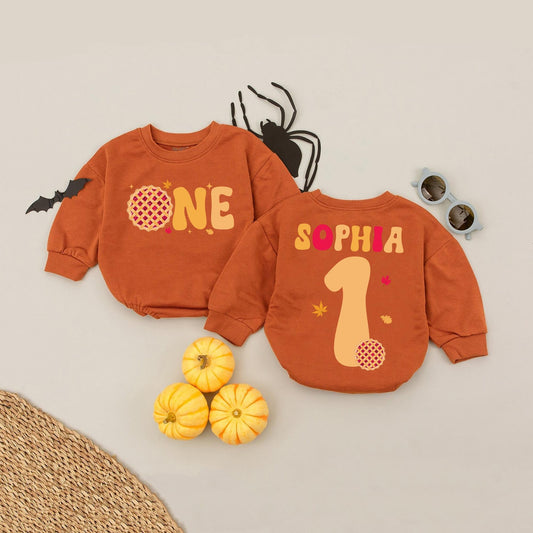 Sophia's Custom "ONE" Cutie Pie Birthday Romper Baby Girl Thanksgiving Outfit