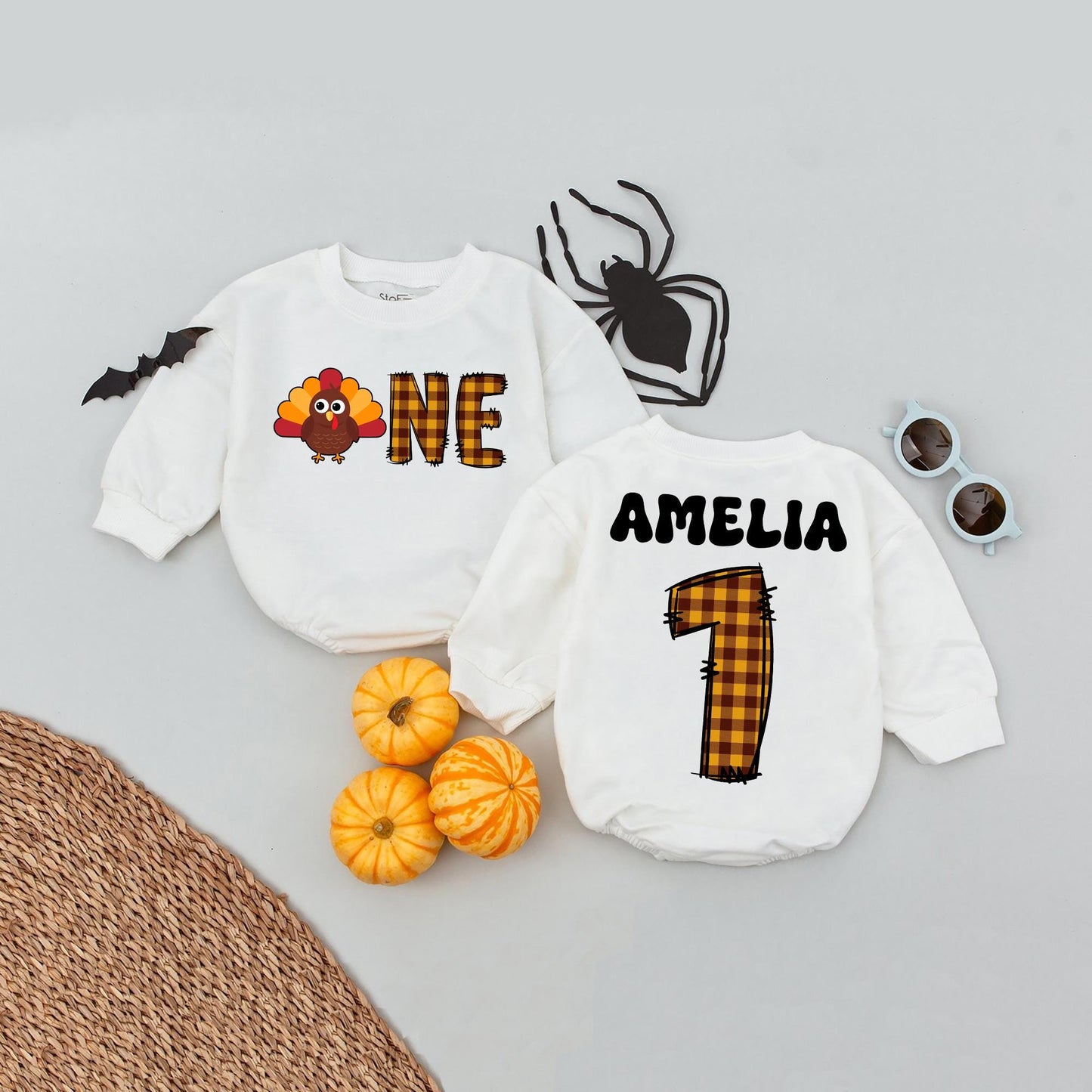 Personalized First Thanksgiving Romper Set: Custom Name Little Turkey Outfit Plaid Number One Bodysuit Cute Baby Boy Girl Clothes Gobble Thanksgiving Gift 139
