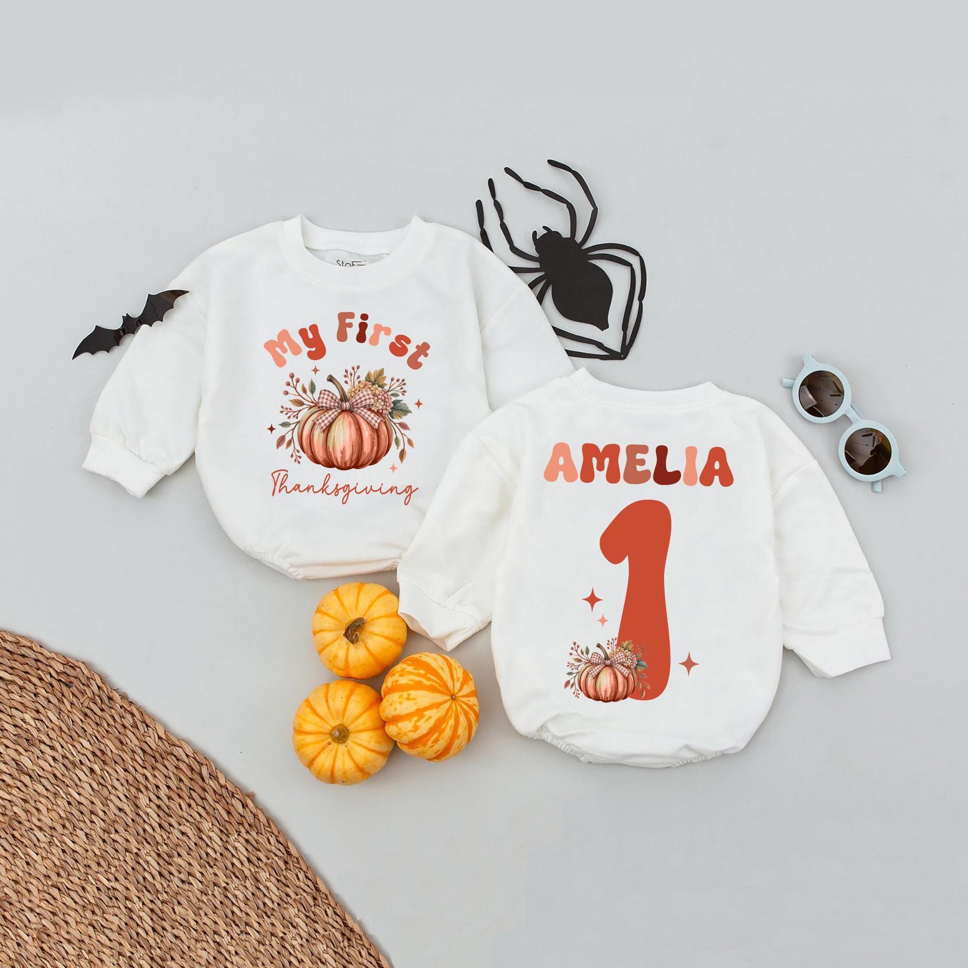 Custom "My First Thanksgiving" Baby Romper Cute Pumpkin Floral Fall Outfit Personalized Name Girl Infant Clothes