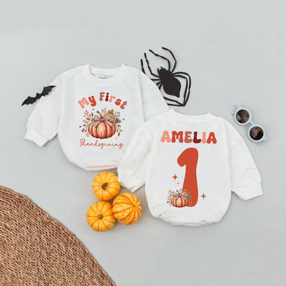 Custom "My First Thanksgiving" Baby Romper Cute Pumpkin Floral Fall Outfit Personalized Name Girl Infant Clothes