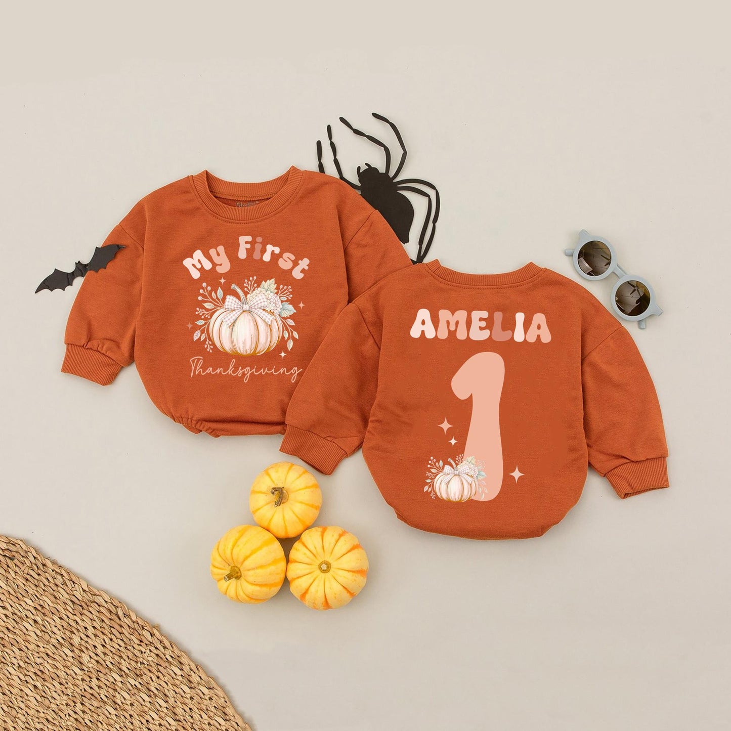 Custom "My First Thanksgiving" Baby Romper Cute Pumpkin Floral Fall Outfit Personalized Name Girl Infant Clothes
