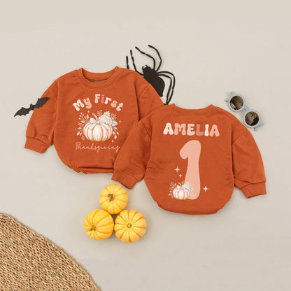 Custom "My First Thanksgiving" Baby Romper Cute Pumpkin Floral Fall Outfit Personalized Name Girl Infant Clothes