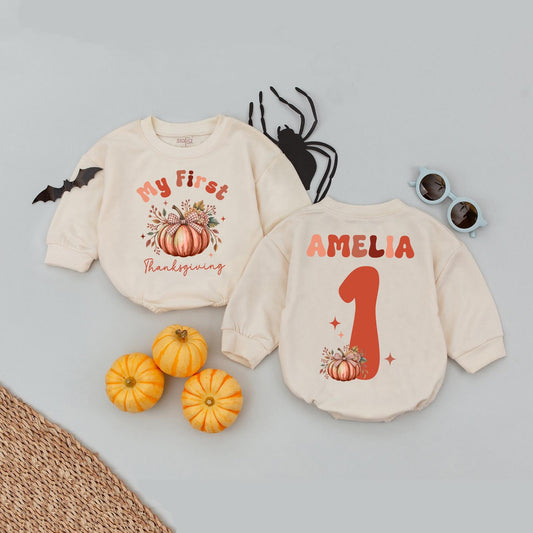 Custom "My First Thanksgiving" Baby Romper Cute Pumpkin Floral Fall Outfit Personalized Name Girl Infant Clothes