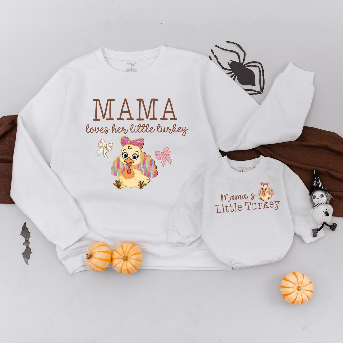 Mama & Little Turkey Matching Thanksgiving Sweatshirt, Cute Mommy and Me Outfit with Bow Turkey Graphic, Fall Family Shirts, Infant Romper (137 chars)