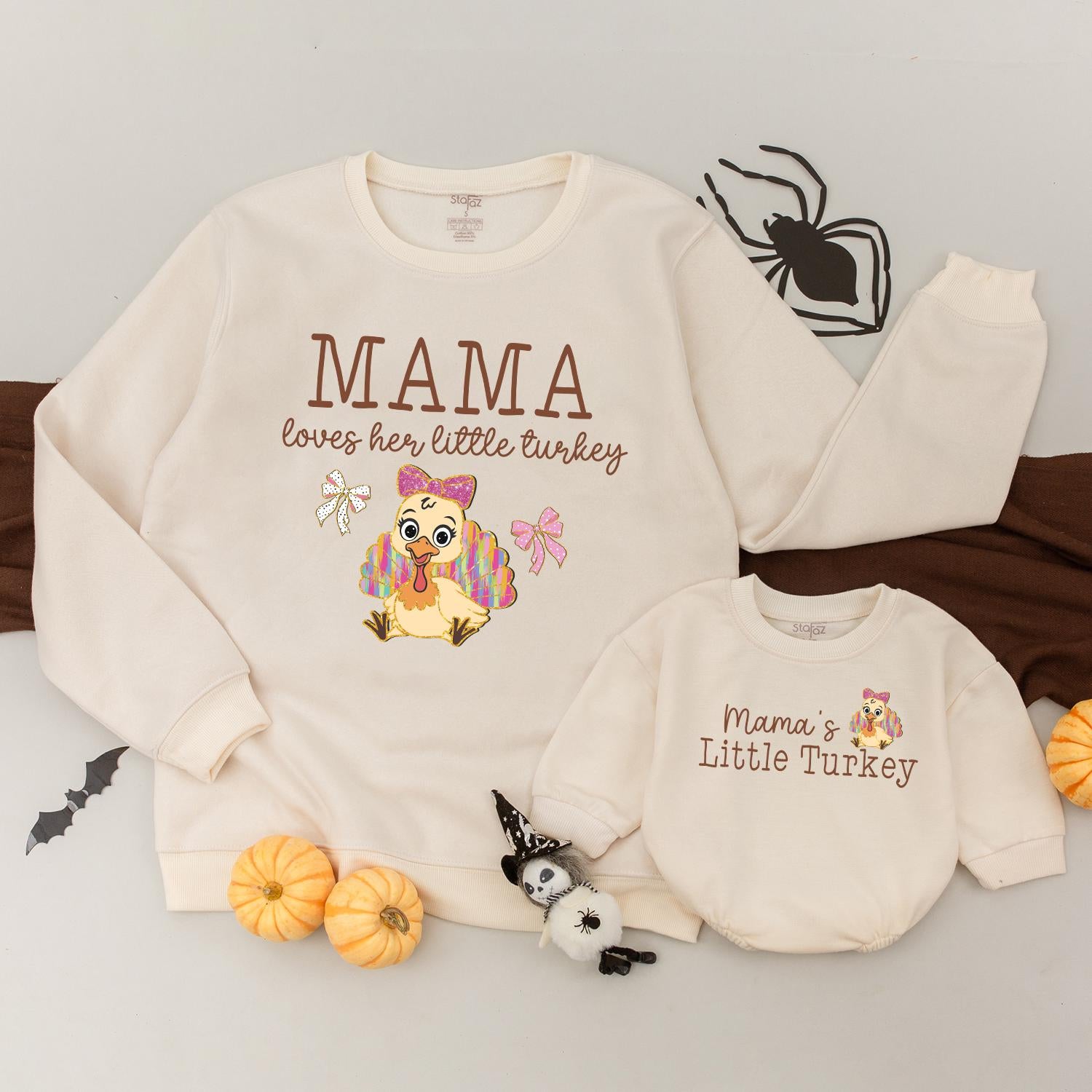 Mama & Little Turkey Matching Thanksgiving Sweatshirt, Cute Mommy and Me Outfit with Bow Turkey Graphic, Fall Family Shirts, Infant Romper (137 chars)
