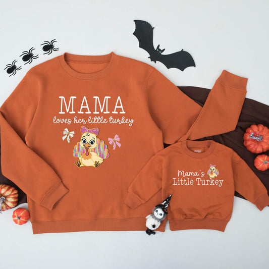Mama & Little Turkey Matching Thanksgiving Sweatshirt, Cute Mommy and Me Outfit with Bow Turkey Graphic, Fall Family Shirts, Infant Romper (137 chars)