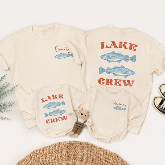 Custom Lake Crew Matching Family Shirts Vintage Fish Design Summer Vacation Outfits Personalized Red Cursive Name Tees Family Group Trip Clothes