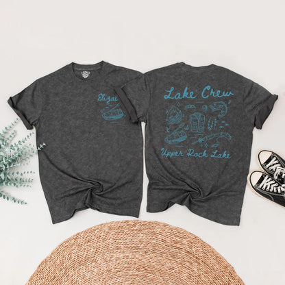 Matching Lake Crew Family Shirts Summer Vacation Outfit: Hand-Drawn Blue Design with Campfire, Fishing & Lake Fun! Custom Harper