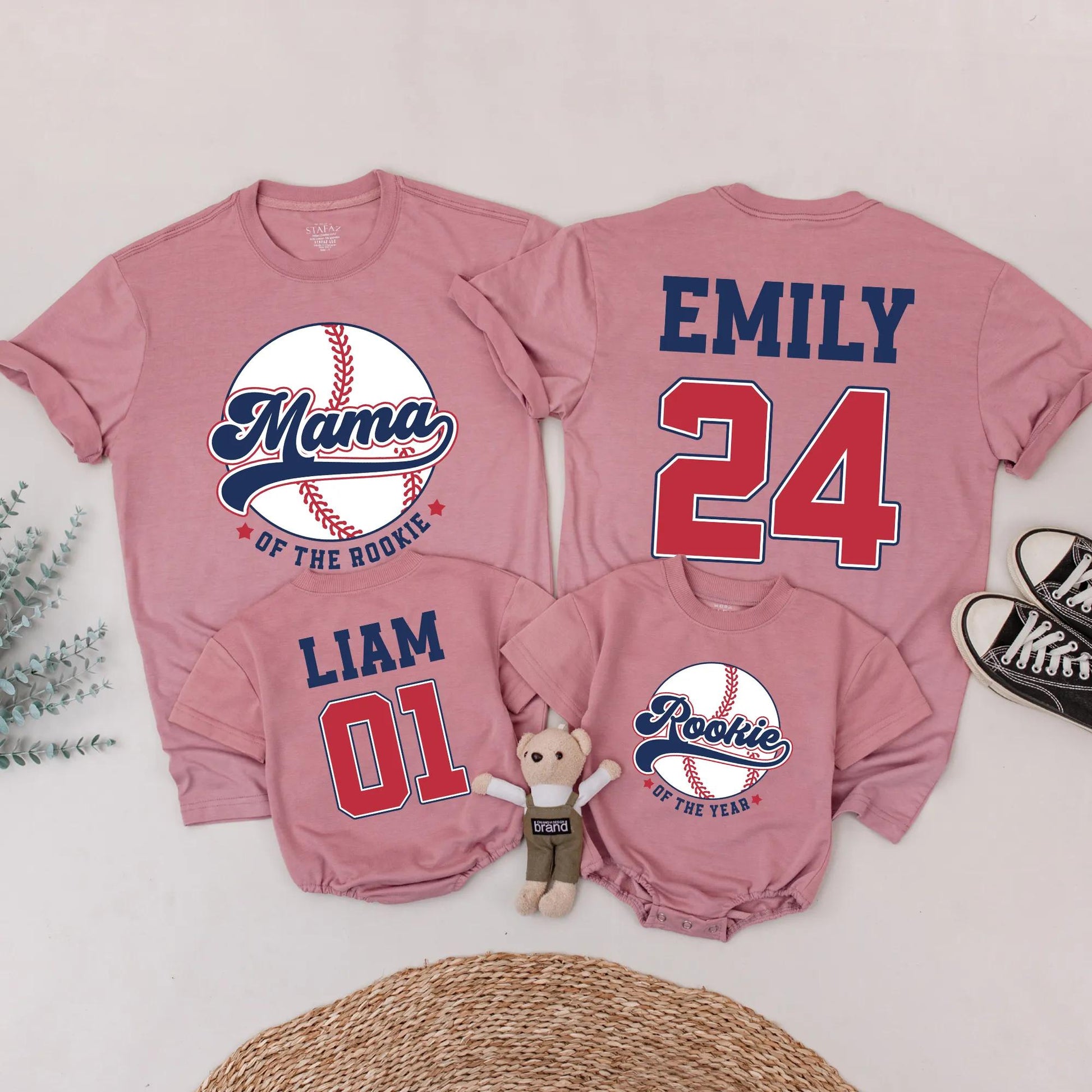 Rookie of the Year Baseball Matching Family Shirts, Mama and Baby Outfits, Navy Red Game Day Birthday, Custom Name Number Sport First Birthday Gift 138