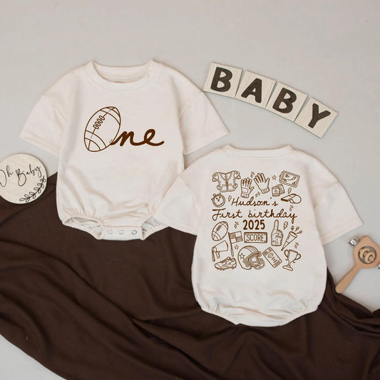 Personalized First Birthday Football Bubble Romper Baby Boy Monochromatic Brown Hand-Drawn Sports One Year Old "One" Design Bodysuit